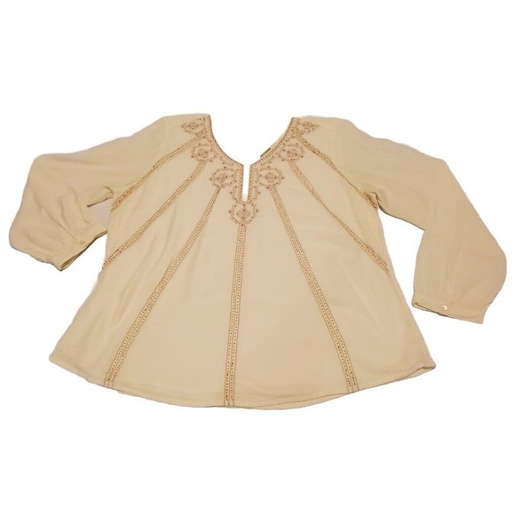 Chico's Sz 2 Beaded Embroidered Linen Lined Tunic Top Aztec Lagen Boho - Picture 1 of 12